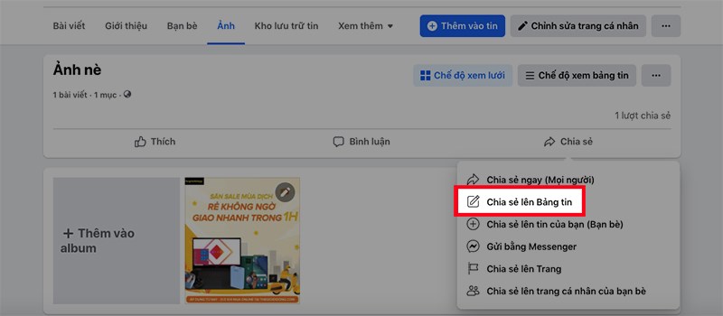 Hoặc chọn Chia sẻ lên Bảng tin