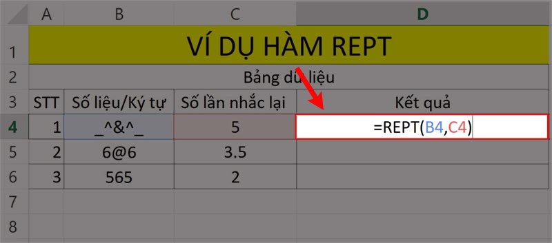 Ví dụ minh họa hàm REPT.