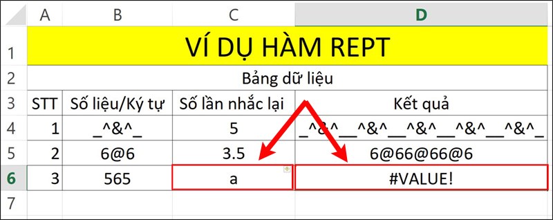 Lỗi #VALUE! trong hàm REPT.
