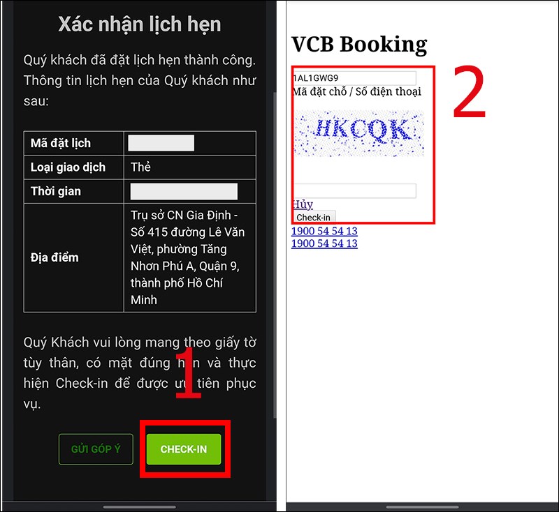 Check in bằng đường dẫn Vietcombank gửi về