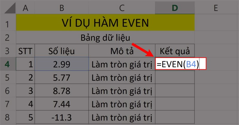 Ví dụ minh họa hàm EVEN.