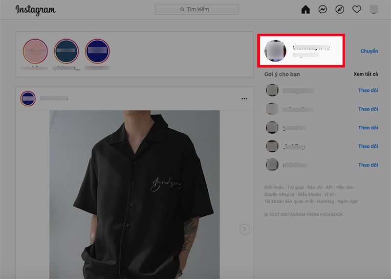 Mở Instagram trên máy tính > Nhấn vào ảnh đại diện của bạn ở góc trên bên phải Mở Instagram trên máy tính > Nhấn vào ảnh đại diện của bạn ở góc trên bên phải