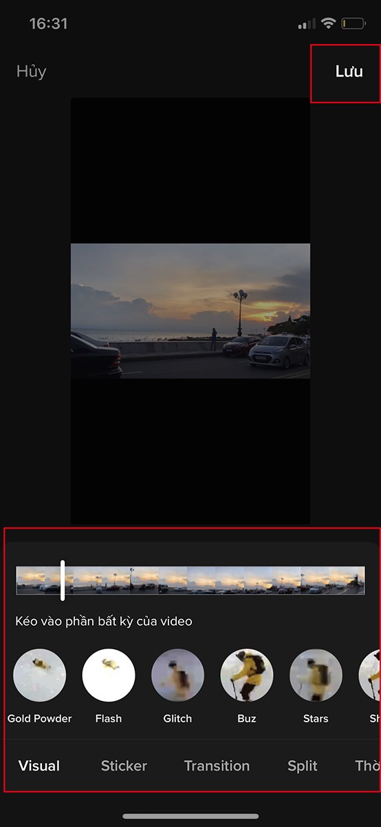 Hiệu ứng: lựa chọn hiệu ứng bất kỳ m&agrave; bạn muốn sử dụng cho video > Nhấn Lưu