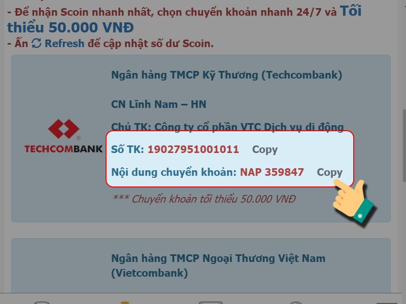 Thao t&aacute;c chuyển khoản để thanh to&aacute;n