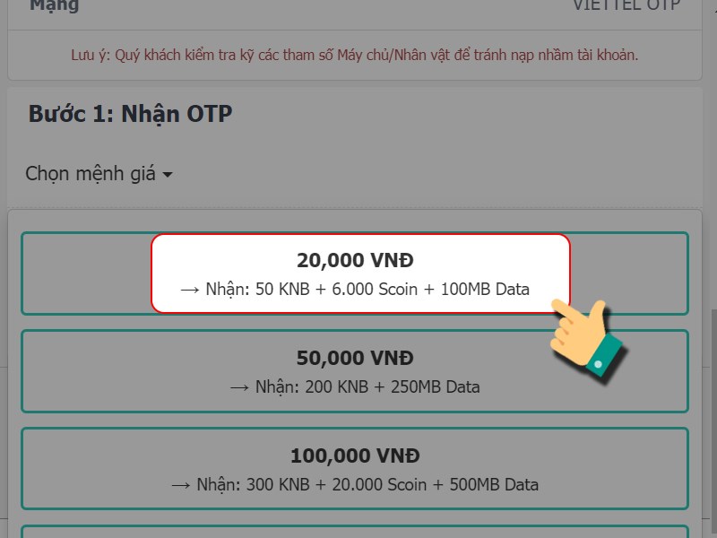 Chọn g&oacute;i nạp