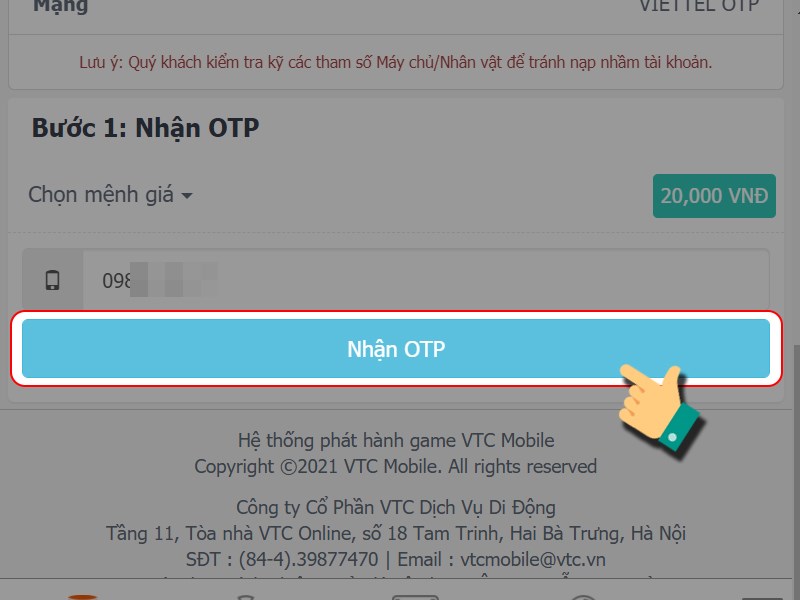 Nhận m&atilde; OTP