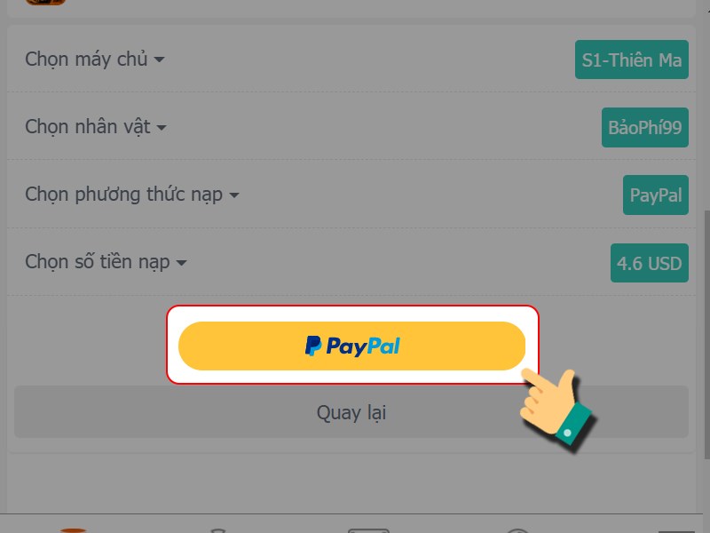 Nhấn v&agrave;o PayPal