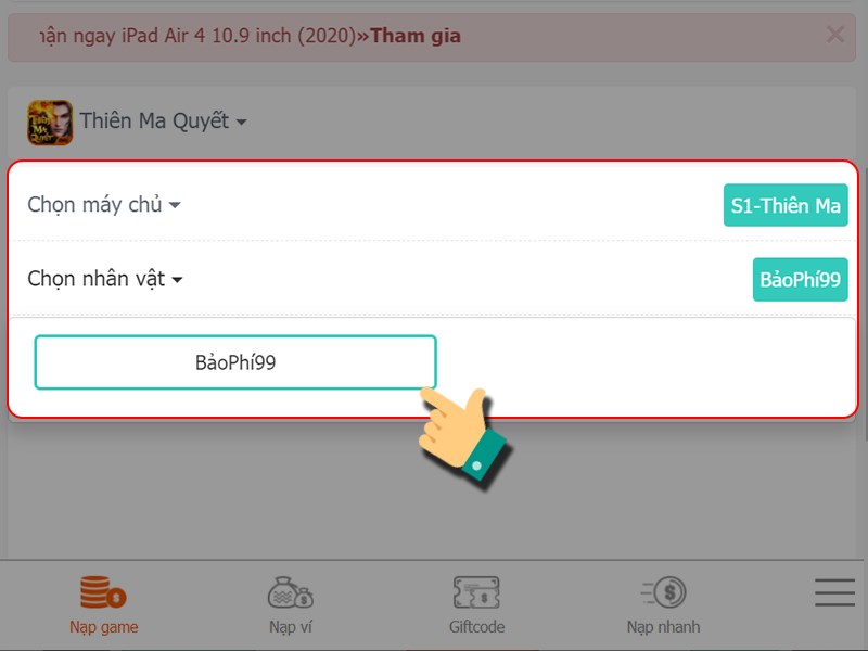 Chọn m&aacute;y chủ v&agrave; nh&acirc;n vật
