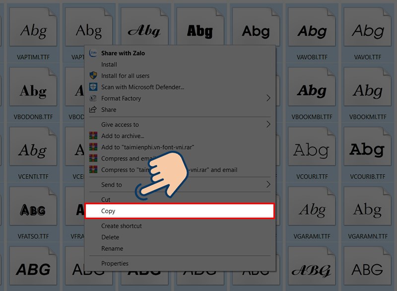 Mở file Font chữ mà bạn vừa tải về, tại đây hãy chọn những Font chữ mà bạn muốn cài đặt và nhấn Copy.