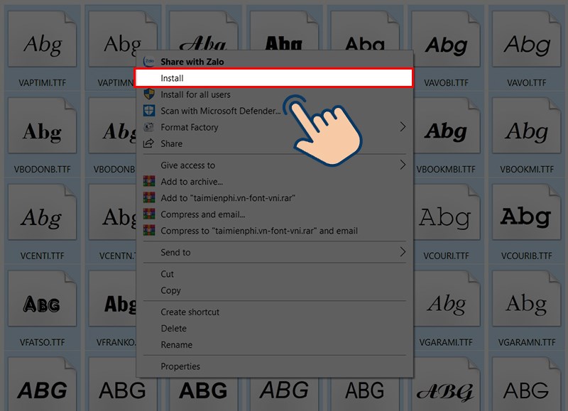 Chọn tất cả các file Font chữ mà bạn muốn cài đặt, sau đó nhấn chuột phải và chọn vào Install để cài đặt Font trực tiếp