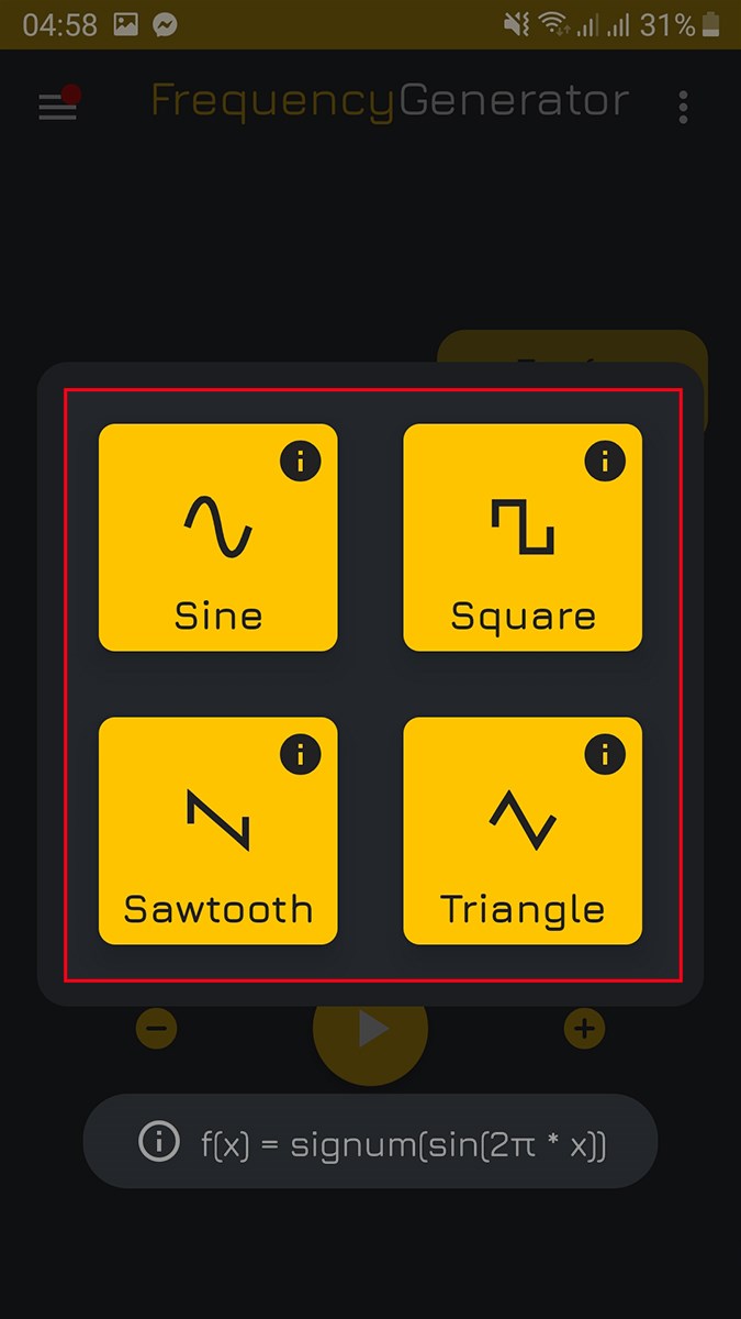 Sẽ có 4 dạng dạng tần số để bạn lựa chọn, bao gồm: Sine, Square, Sawtooth và Triangle