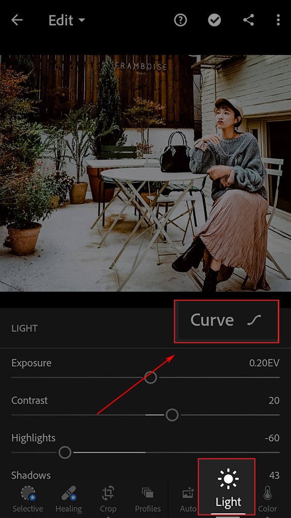 Chọn Curve trong Lightroom phiên bản điện thoại