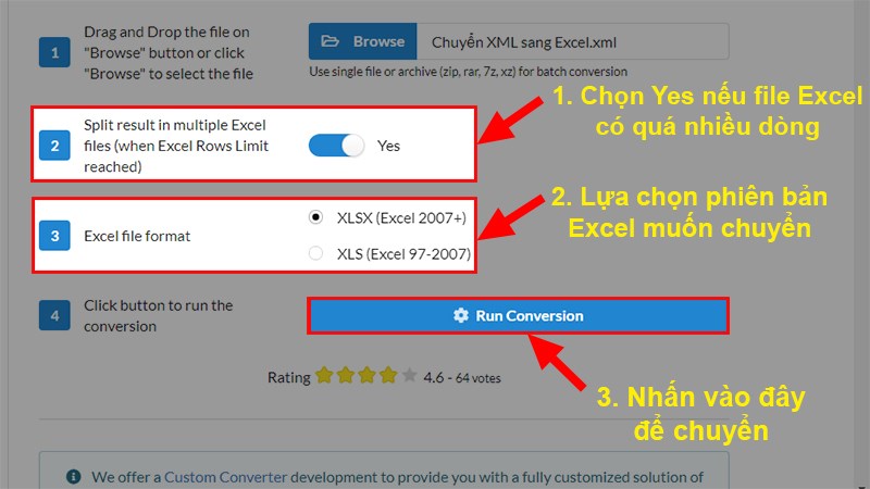 Tại giao diện của trang web chọn c&aacute;c lựa chọn > Chọn Run Conversion&nbsp;v&agrave; đợi từ 30 gi&acirc;y đến 2 ph&uacute;t