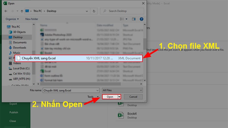 Chọn&nbsp;file XML&nbsp;m&agrave; bạn muốn chuyển > Nhấn&nbsp;Open