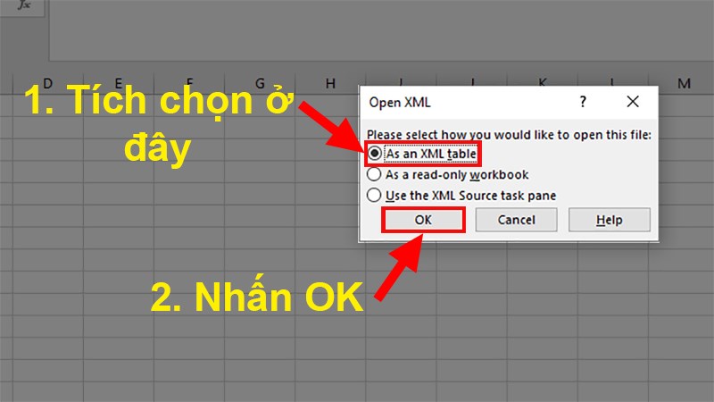 Xuất hiện cửa sổ Open XML > Chọn As an XML table > Nhấn OK