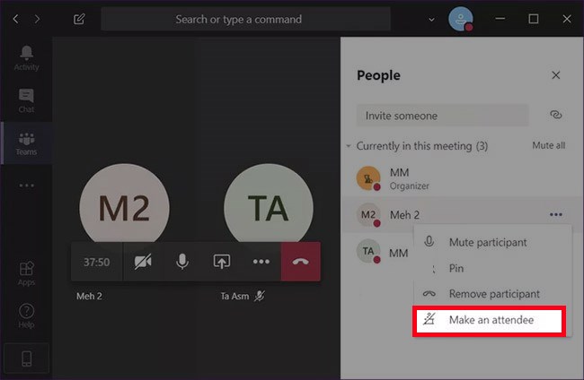 Nhấn v&agrave;o biểu tượng 3 dấu chấm ở b&ecirc;n phải t&ecirc;n th&agrave;nh vi&ecirc;n m&agrave; bạn muốn tắt mic > Chọn Make an attendee