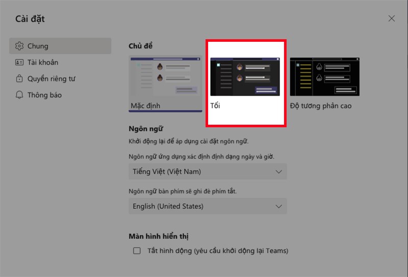 Tại mục Chủ đề, chọn giao diện Tối Tại mục Chủ đề, chọn giao diện Tối