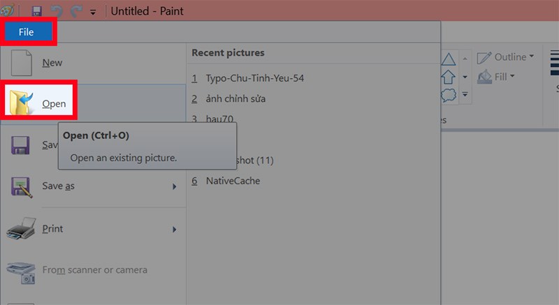 Mở Paint trên máy tính > Chọn File > Chọn Open hoặc nhấn tổ hợp phím Ctrl + O và chọn ảnh cần xóa chữ