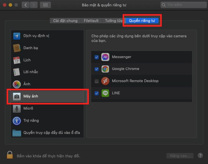 Chọn Quyền ri&ecirc;ng tư > Chọn M&aacute;y ảnh