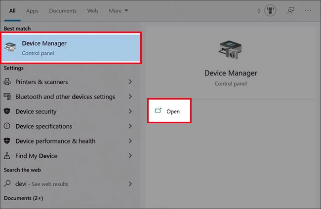 Nhấn vào khung tìm kiếm ở góc dưới bên trái, nhập Device Manager và chọn Open