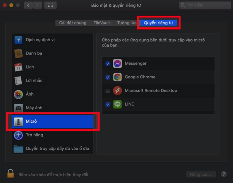 Chọn Quyền ri&ecirc;ng tư > Chọn Micro