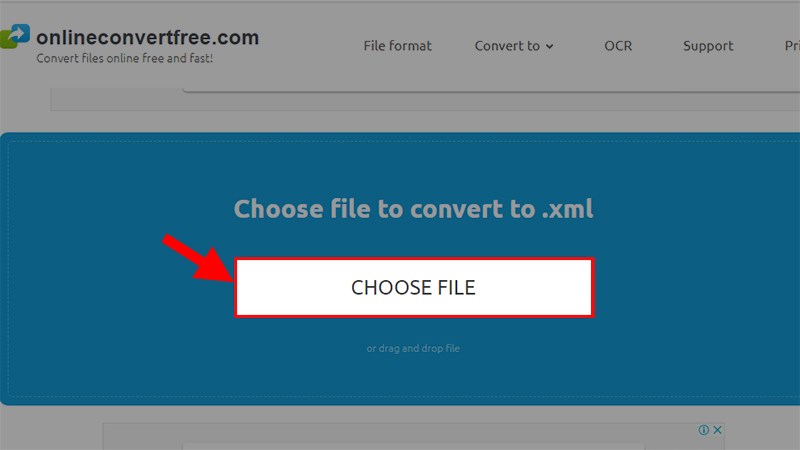 Truy cập vào trang web onlineconvertfree.com > Nhấn vào mục Choose File để chọn và tải file Excel