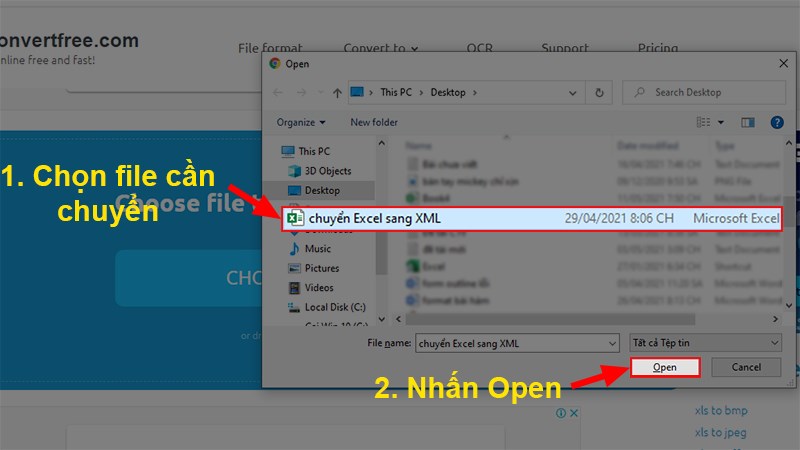 Chọn file Excel m&agrave; bạn muốn chuyển > Nhấn Open
