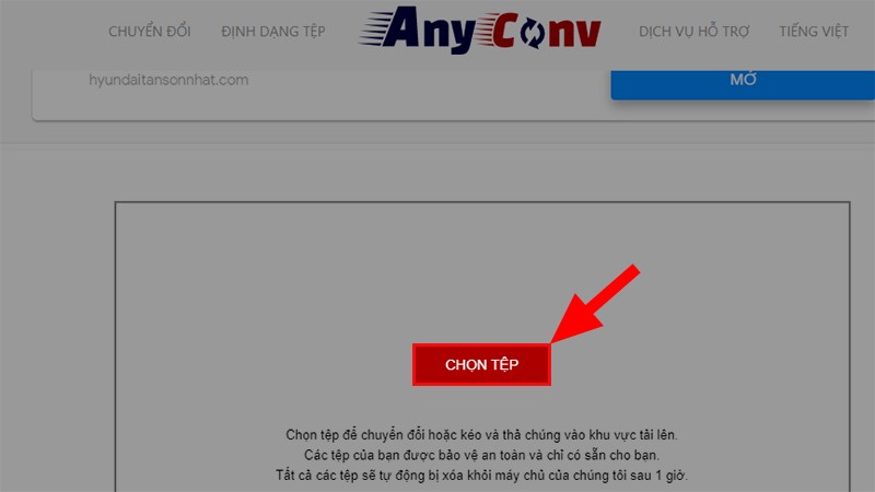 Truy cập vào trang web anycov.com > Nhấn vào mục Chọn tệp để chọn và tải file Excel