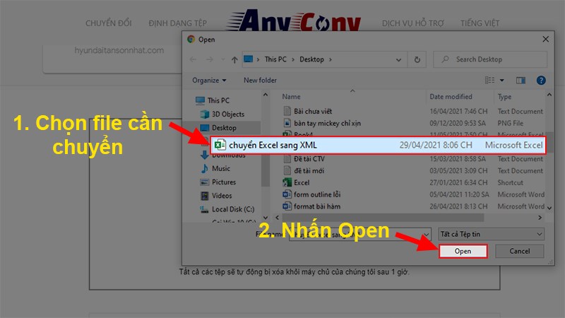 Chọn file Excel m&agrave; bạn muốn chuyển > Nhấn Open