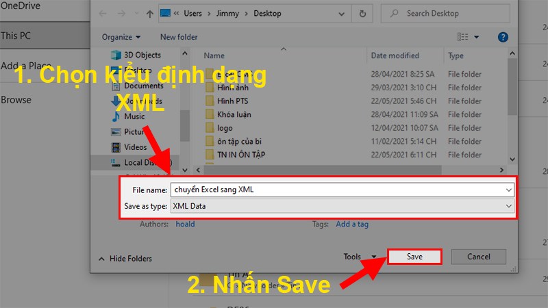 Ở mục Save as type chọn định dạng XML > Nhấn Save để lưu file Excel dưới dạng XML