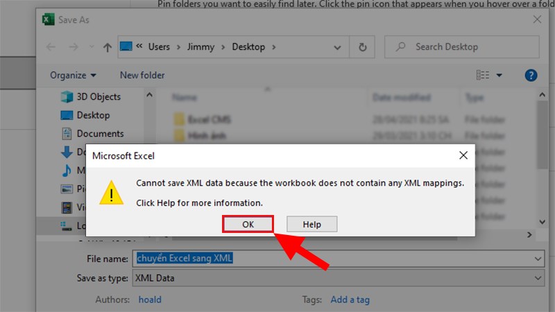 Trường hợp lỗi file Excel đang lưu kh&ocirc;ng chứa định dạng dữ liệu XML