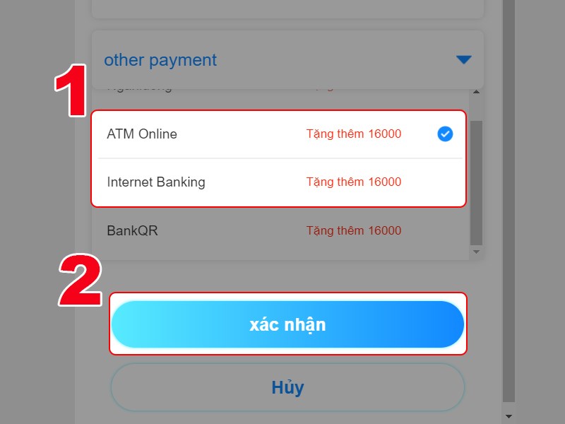Chọn ATM online hoặc Internet Banking