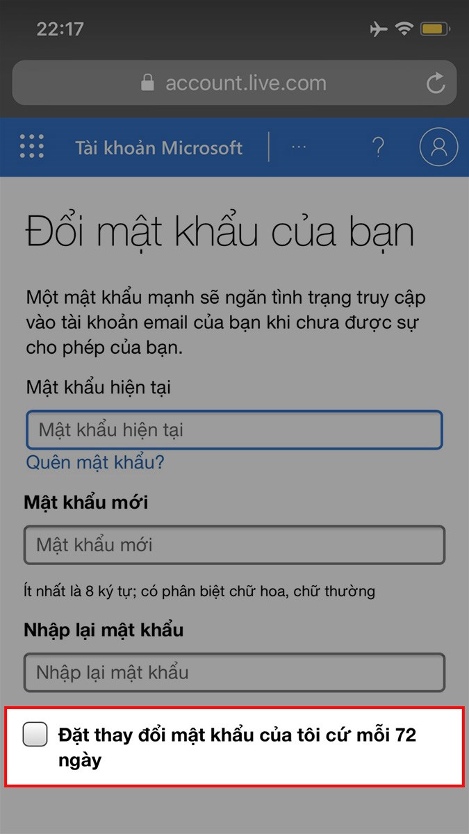 hấn dấu tích vào ô vuông tại mục Đặt thay đổi mật khẩu của tôi cứ mỗi 72 ngày