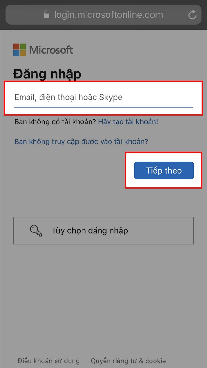 Nhập tài khoản Microsoft Teams của bạn vào ô Email, điện thoại hoặc Skype > Chọn Tiếp theo