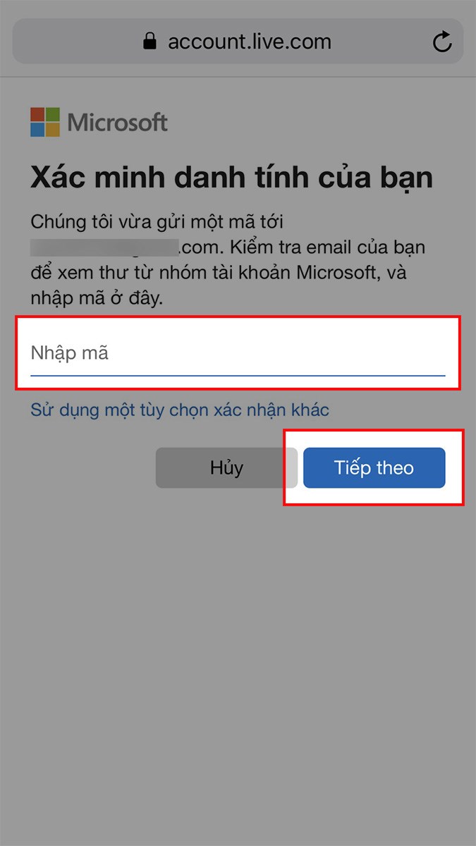 Nhập mã xác nhận vào ô Nhập mã > Chọn Tiếp theo