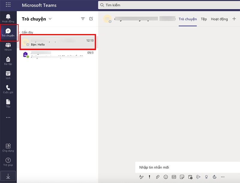 Mở Microsoft Teams tr&ecirc;n m&aacute;y t&iacute;nh, chọn biểu tượng Tr&ograve; chuyện ở g&oacute;c b&ecirc;n phải > Chọn nh&oacute;m m&agrave; bạn muốn gọi
