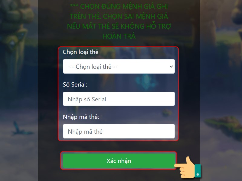Điền th&ocirc;ng tin thẻ nạp để thanh to&aacute;n
