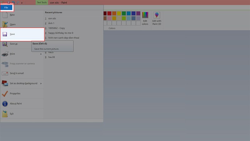 Chọn File > Chọn Save hoặc nhấn tổ hợp phím Ctrl + S để lưu ảnh