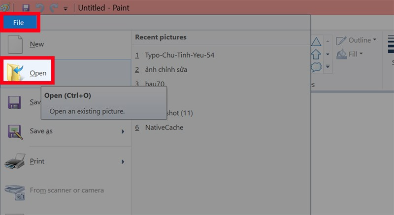 Mở Paint trên máy tính, chọn File > Chọn Open hoặc nhấn tổ hợp phím Ctrl + O và chọn ảnh mà bạn viết chữ