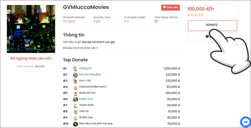 Vào link donate của streamer