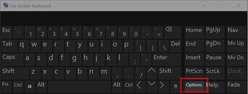 Mở b&agrave;n ph&iacute;m ảo tr&ecirc;n m&aacute;y t&iacute;nh > Chọn Option