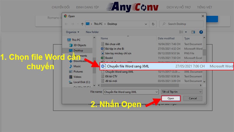 Chọn file Word mà bạn muốn chuyển > Nhấn Open