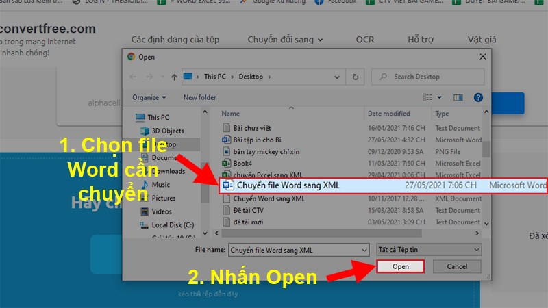 Chọn file Word mà bạn muốn chuyển > Nhấn Open