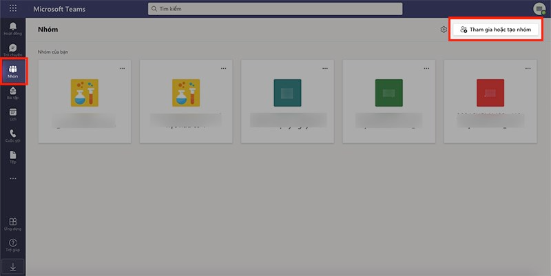 Mở Microsoft Teams trên máy tính, nhấn vào biểu tượng Nhóm ở góc bên trái > Chọn Tham gia hoặc tạo nhóm Mở Microsoft Teams trên máy tính, nhấn vào biểu tượng Nhóm ở góc bên trái > Chọn Tham gia hoặc tạo nhóm