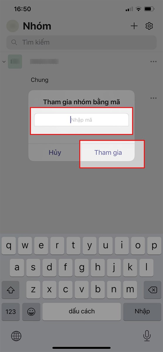 Nhập mã nhóm vào ô Nhập mã > Chọn Tham gia Nhập mã nhóm vào ô Nhập mã > Chọn Tham gia