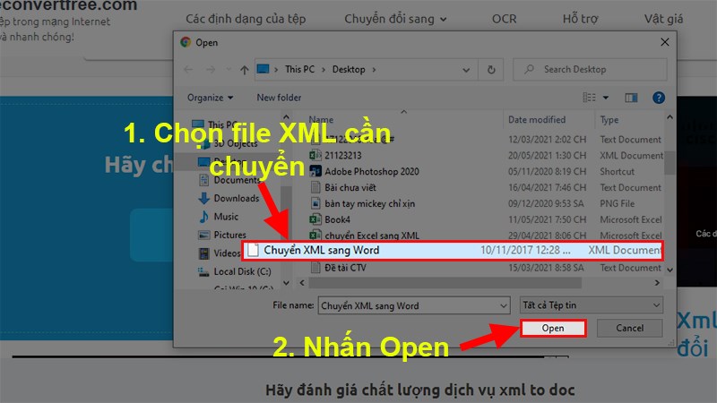 Chọn file XML mà bạn muốn chuyển > Nhấn Open