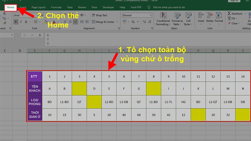 Mở file Excel chứa các ô trống cần xóa > Tô chọn vùng dữ liệu hoặc&nbsp;toàn bộ bảng tính chứa ô trống > Chọn&nbsp;thẻ Home