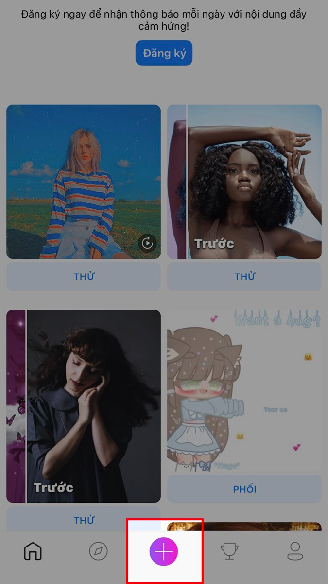 Nhấn v&agrave;o biểu tượng dấu cộng m&agrave;u t&iacute;m ở giữa ph&iacute;a dưới > Chọn ảnh m&agrave; bạn muốn gh&eacute;p overlays