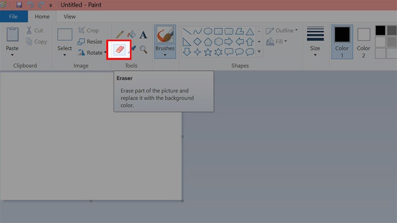 Mở Paint trên máy tính, tại thẻ Home bạn chọn biểu tượng cục tẩy màu hồng