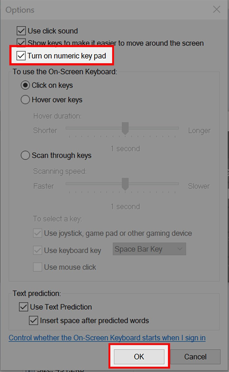 Nhấn dấu tích vào ô Turn on numberic key pad > Chọn OK